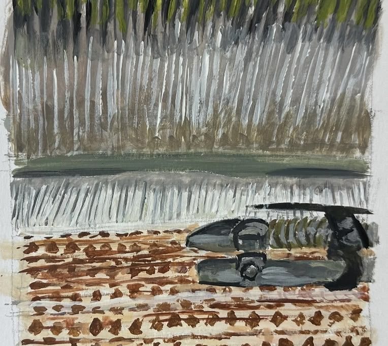 Painting of a complex machine during the weaving process.