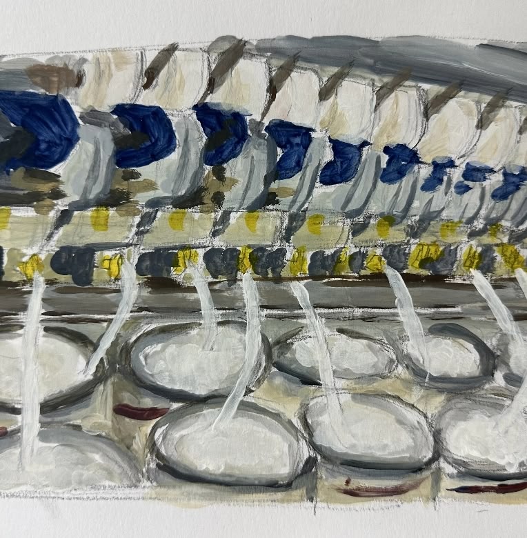 Painting of complex machinery, spinning yarn.