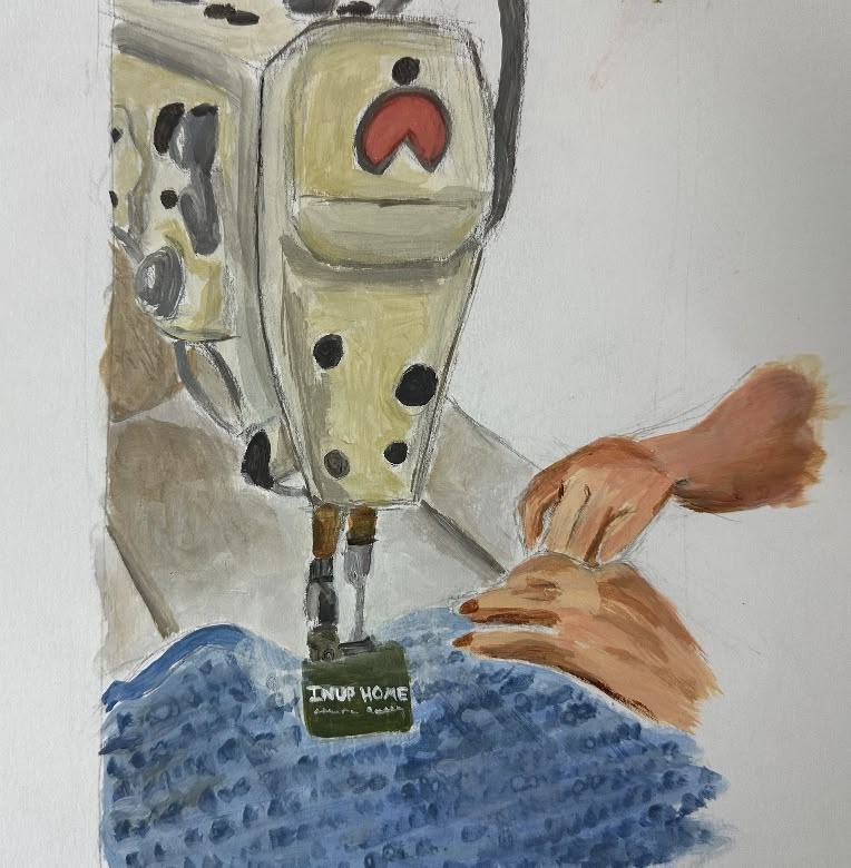 Painting of a persons hands operating a sewing machine.
