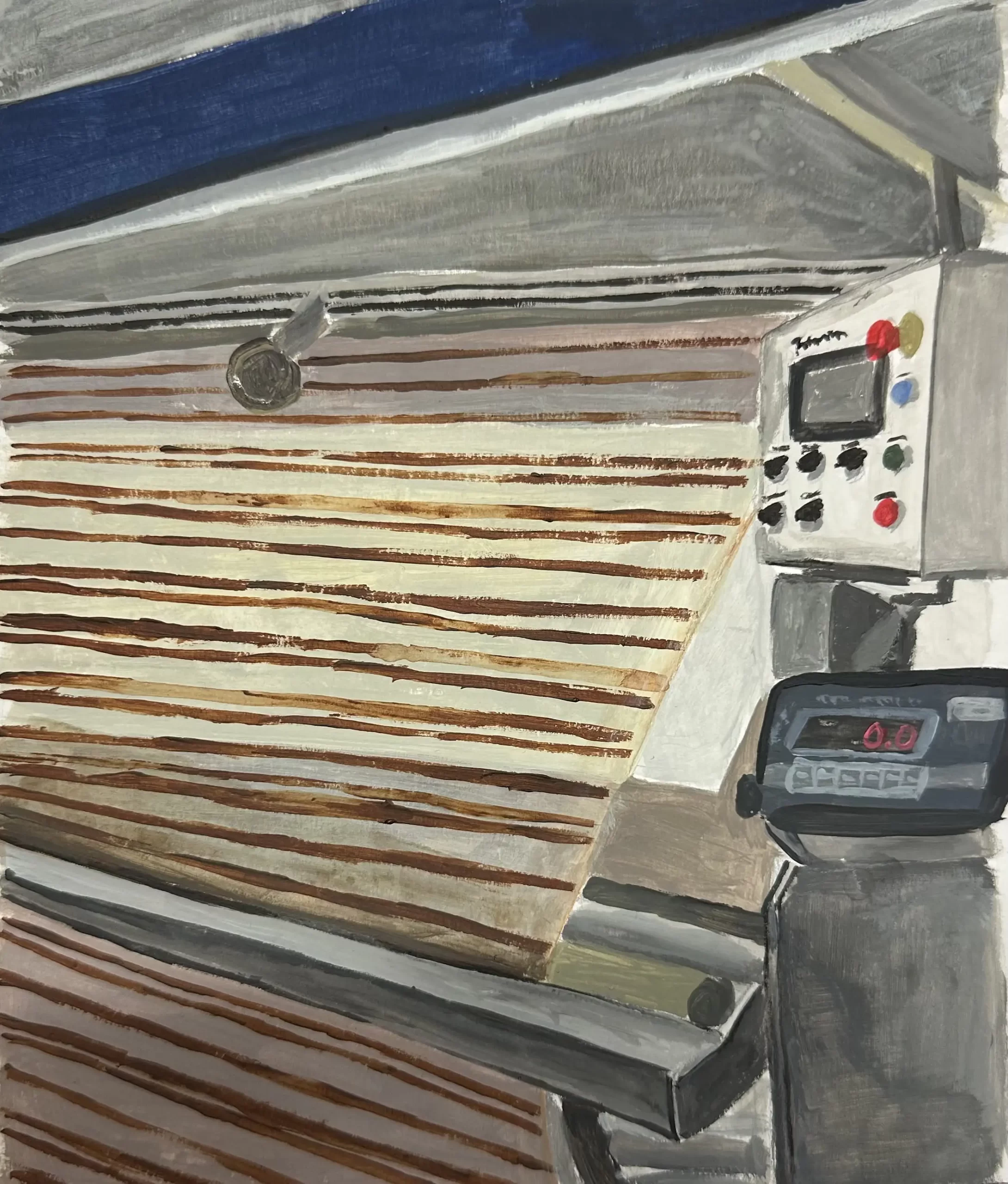 Painting showcasing a complex threading machine for a high-quality fabric.